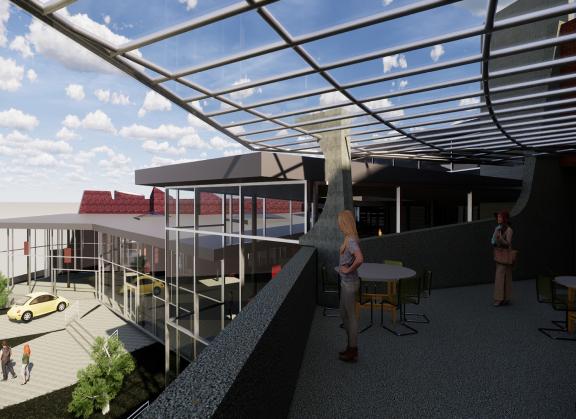 Close up view of the new balcony coming with the additions to the Arts Center.