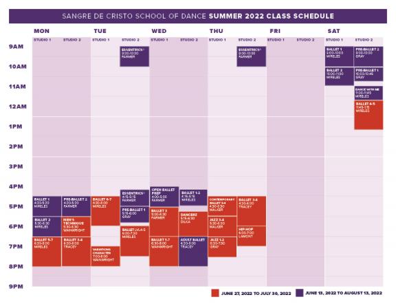 2022 Summer School of Dance Class Schedule.