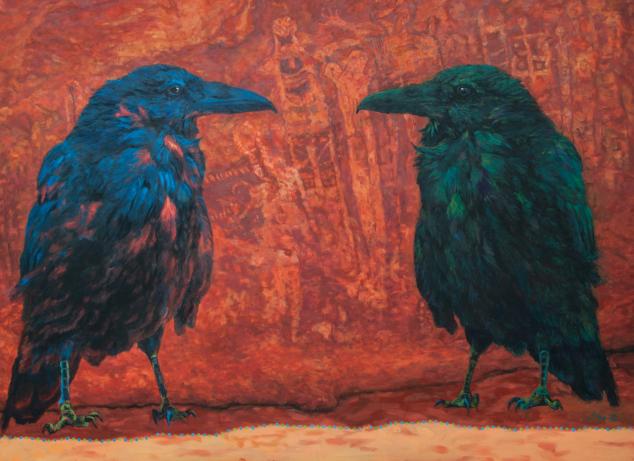 Art piece by Brenda Howell of two birds on a log.